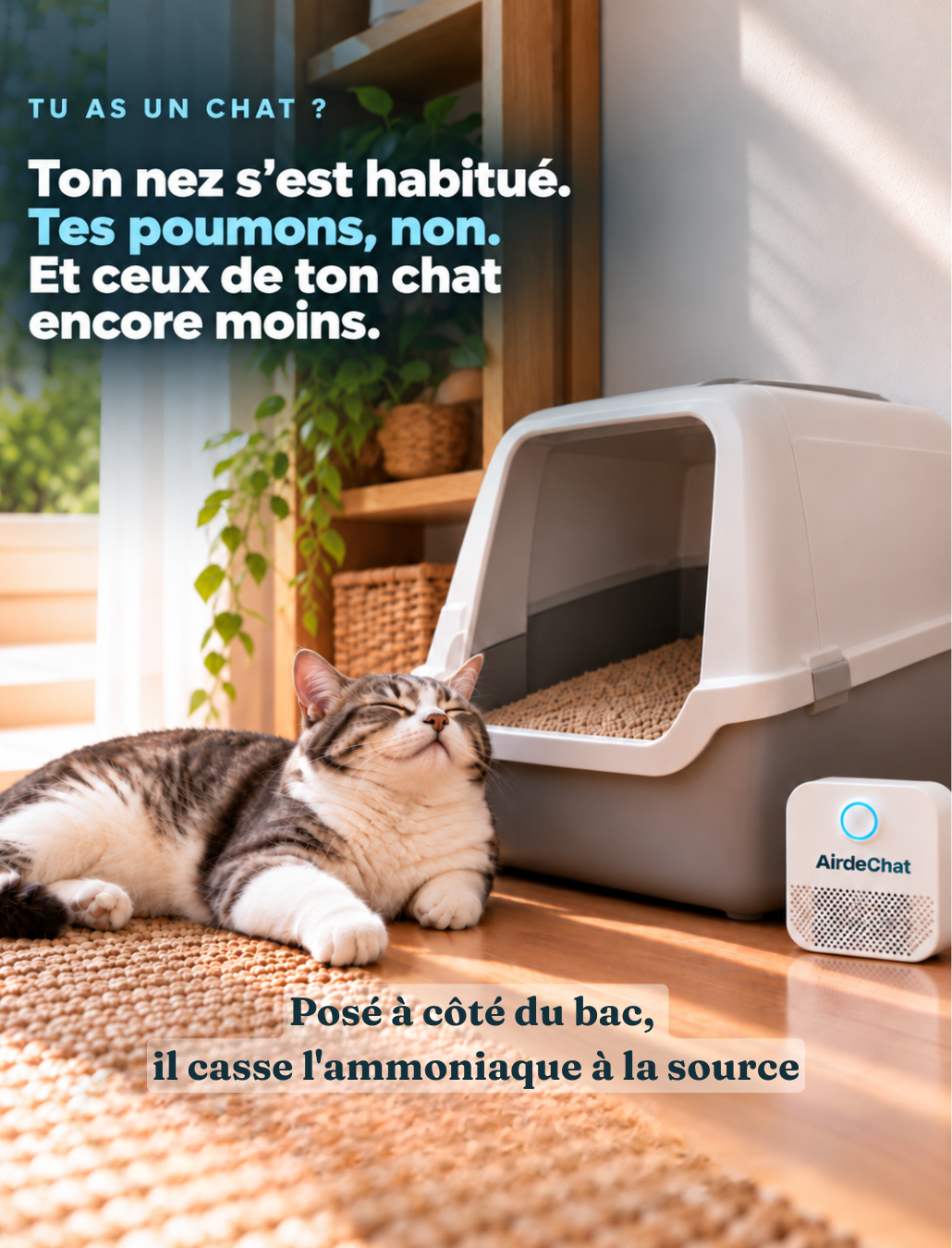 Chat près de son bac, le Neutraliseur posé à côté